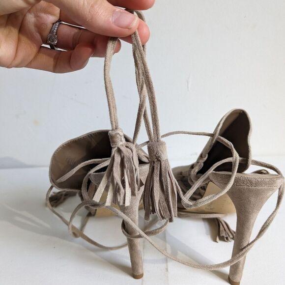 Lord & Taylor Fran Taupe Suede Lace Up Tassel Heels - Picture 5 of 8